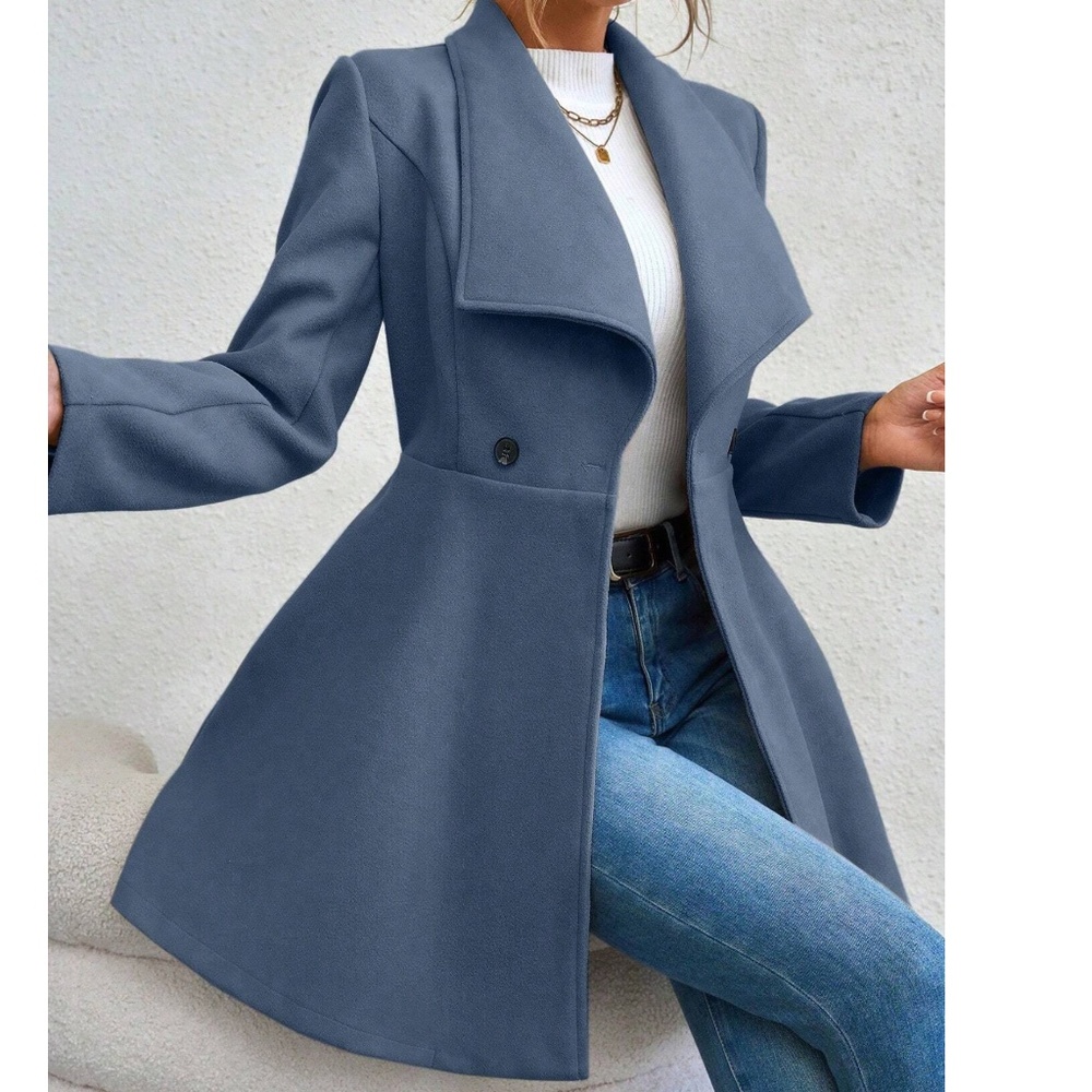 Classic Wide Collar Flare Hem Button Oversized Pea Coat - Picture 3 of 13